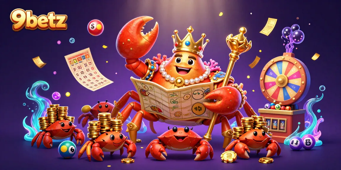 Play and win with 9betz amidst vibrant casino elements and a whimsical crab emperor.