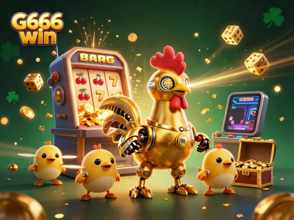 Join the excitement at G666 win with a golden rooster robot and baby chick drones amidst exploding jackpots and vibrant casino elements.