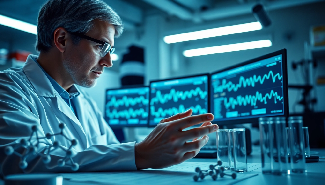View of a researcher analyzing peptides, emphasizing mots-c structures in a modern lab setting.