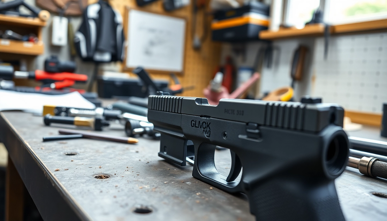 Show the glock 43 slide mos with detailed craftsmanship in a workshop.