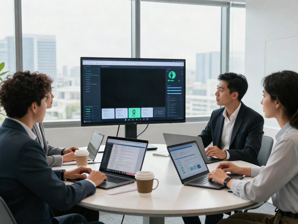 Deepfake-protected meetings in a professional office setting with a team collaborating over video conferencing.