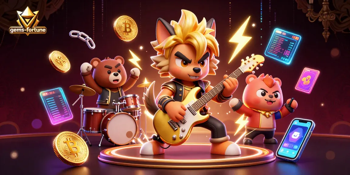Play gems-fortune with rock star characters on a vibrant casino stage, showcasing thrilling gameplay.