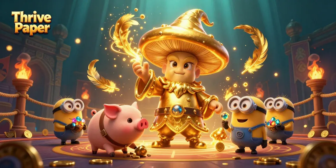 Thrive Paper shows a golden mushroom wizard casting luck spells in a dynamic casino setting.