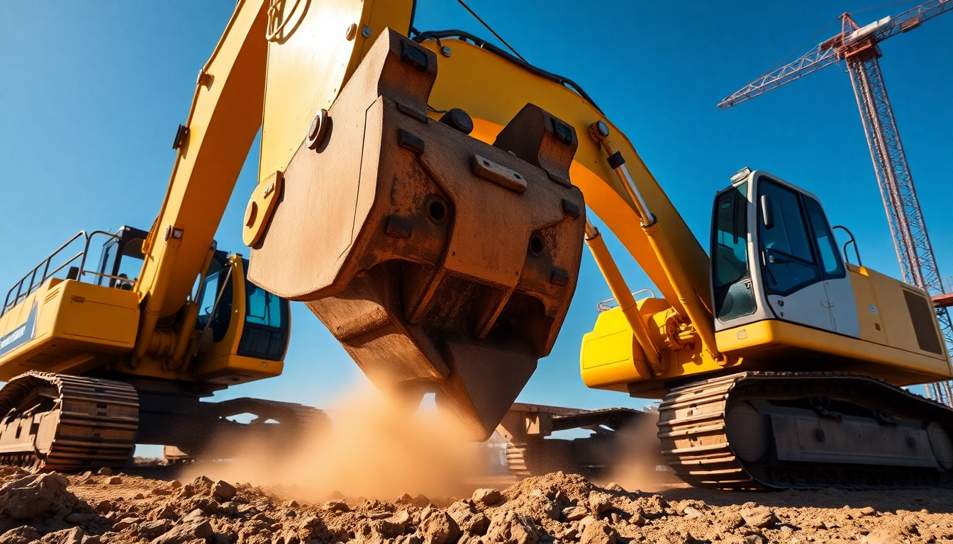 Excavator digging into the ground at a bustling construction site, showcasing its strength and efficiency.