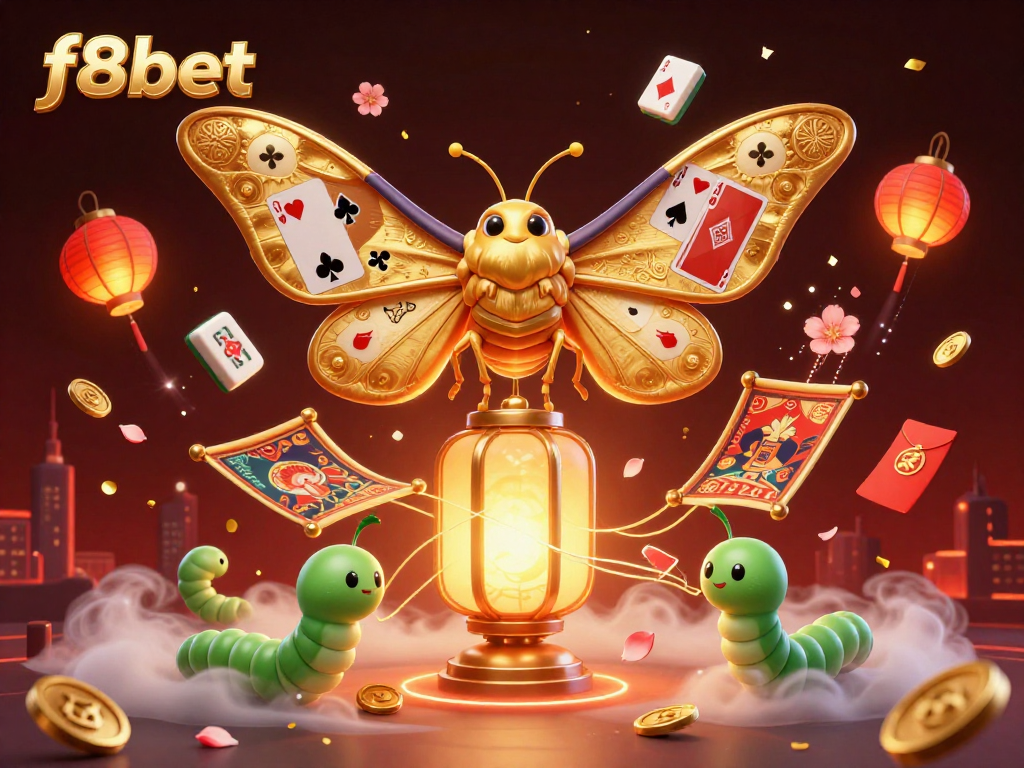 Experience the excitement of f8bet with golden moths and casino elements in a vibrant 3D illustration.