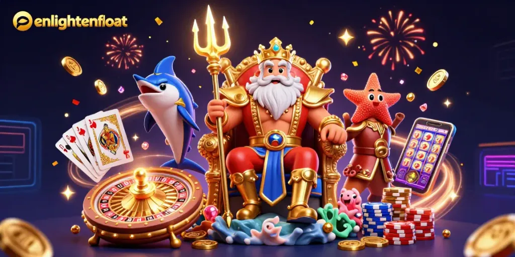 enlightenfloat players spinning rotating slots and roulette wheel in a vibrant 3D casino scene