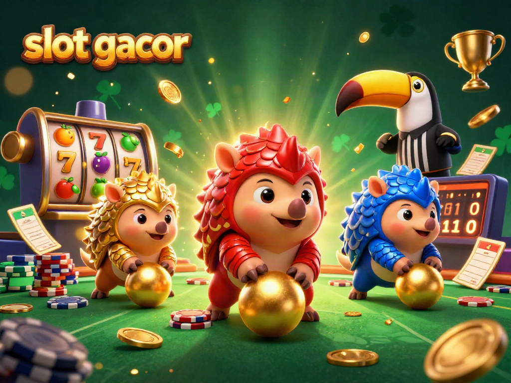 Engage with slot gacor in an energetic scene featuring rival pangolins and spinning reels.