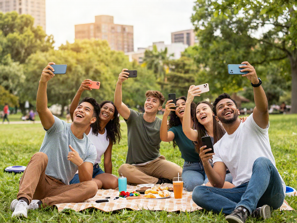 Friends comparing their test of attractiveness scores while enjoying a sunny day at the park.