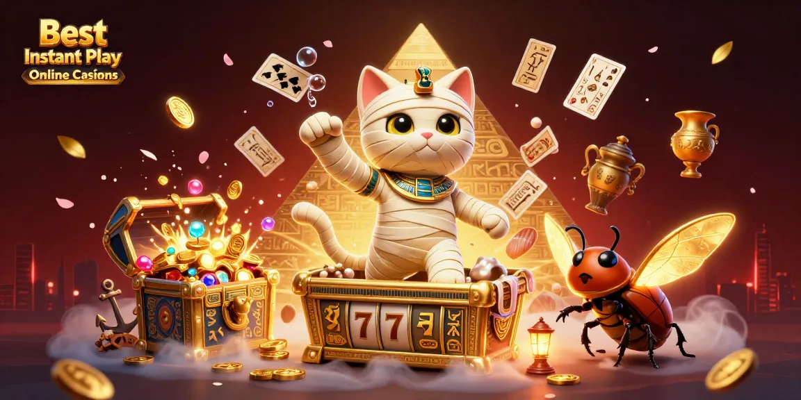 Experience the excitement of Best Instant Play Online Casinos with the mummy cat and glowing scarab in action.