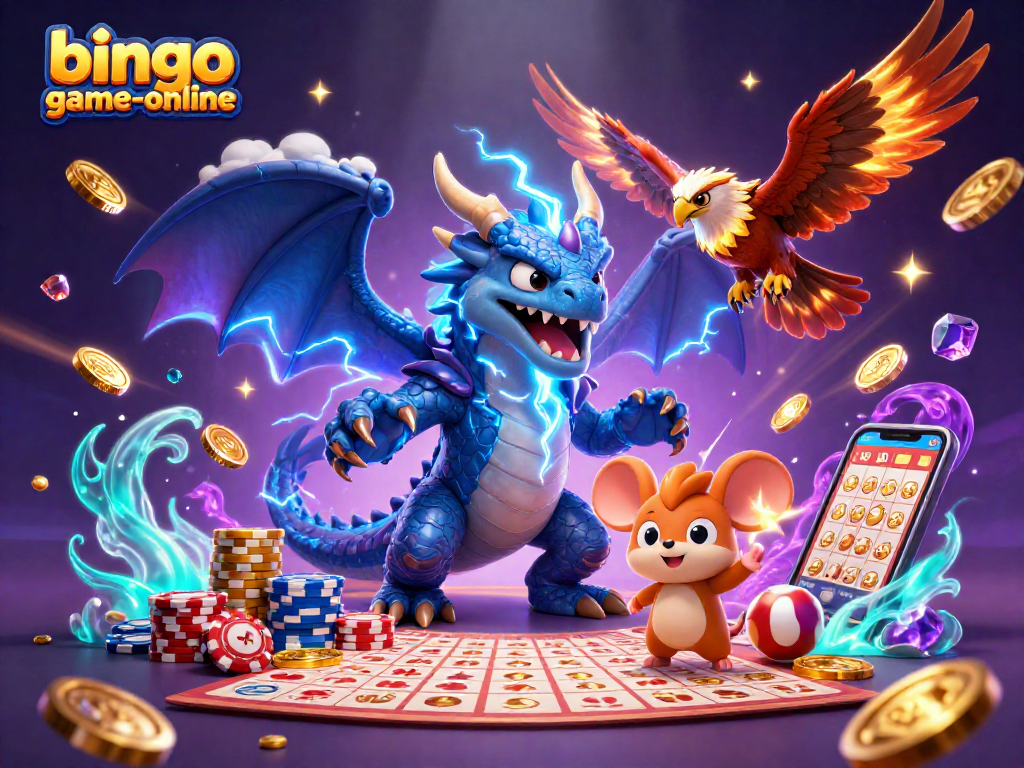 Experience the thrill of bingo-game-online with dynamic characters and jackpot elements in a captivating illustration.