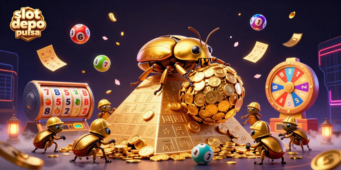 Experience the excitement of slot depo pulsa with a vibrant 3D illustration featuring golden coins and dynamic gaming elements.