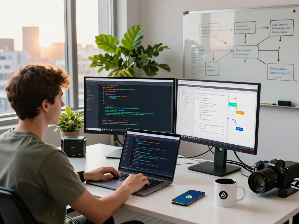 Dynamic workspace showcasing AcrossProtocol's blockchain technology with developer coding and monitors displaying transactions.