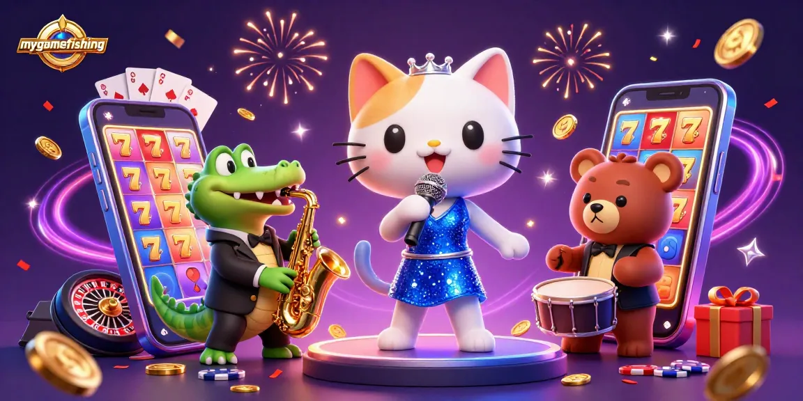 Experience the excitement of mygamefishing with lively casino characters under confetti and fireworks.