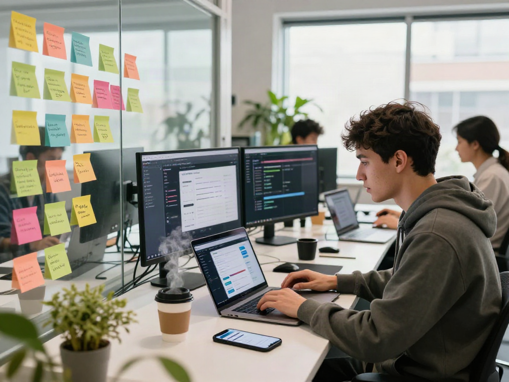 Download Pikashow Apk showcased in a vibrant mobile app development scene with a developer testing and designing user interfaces.