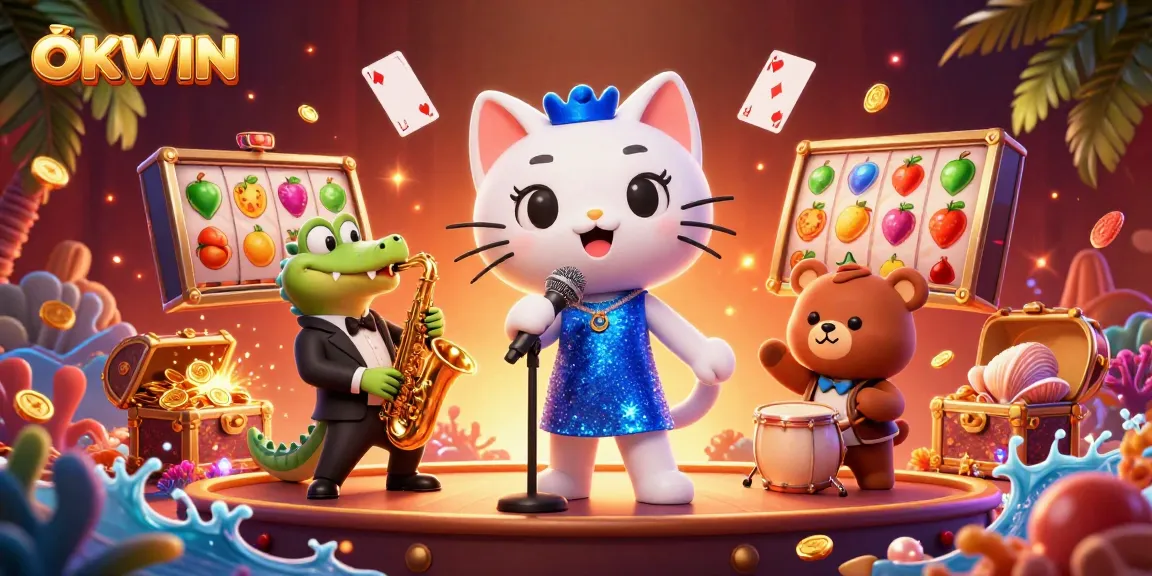 Engage with thrilling moments at OKWIN with a jazzy illustration of casino fun featuring vibrant characters.