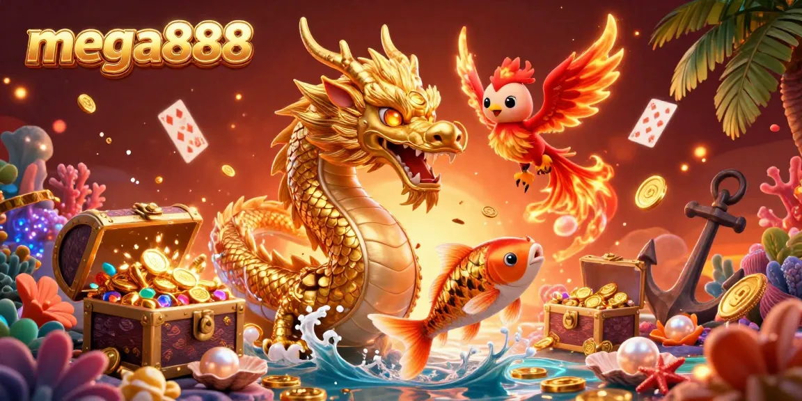 Experience mega888 with a dynamic illustration of a dragon, phoenix, and koi fish amidst colorful casino elements.