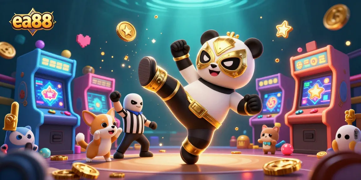 ea88 vibrant 3D casino scene featuring a panda wrestler and cheering animal crowd.