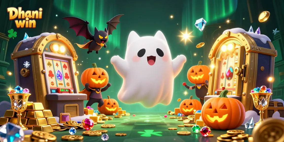 Dhani win gaming scene with a ghost cat and a vampire bat in a haunted casino, full of sparkling treasures.