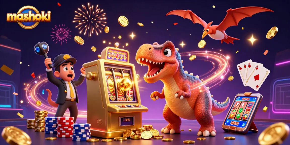 Catch jackpot coins at mashoki while a dinosaur headbutts the slot machine in a vibrant casino scene.