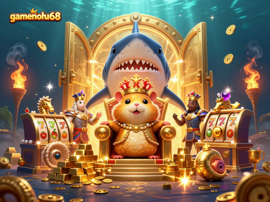 Experience the excitement of gamenohu68 with a royal hamster king and treasure-filled slot scene.