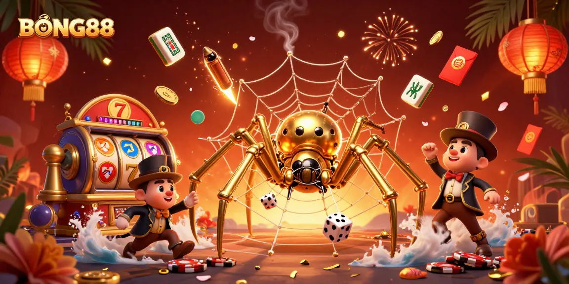 Experience BONG88 excitement with a 3D steampunk spider weaving fortune met with vibrant casino elements.
