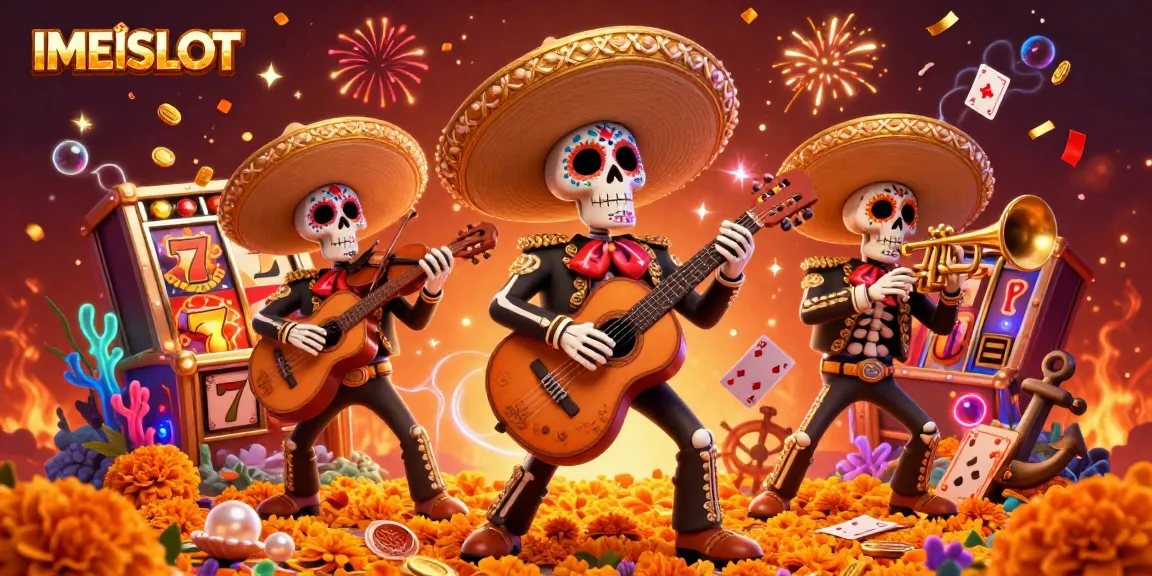 Yield wins with IMEISLOT in a vibrant casino-themed 3D illustration featuring mariachi skeletons.