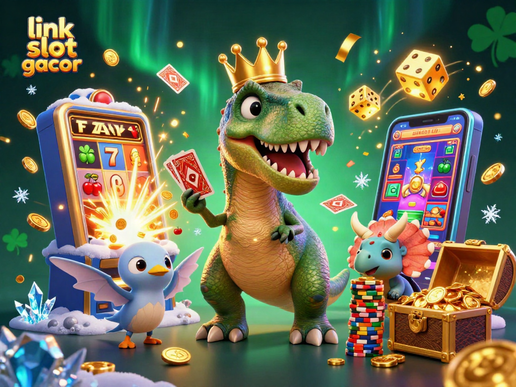 Experience link slot gacor with T-Rex and friends in a vibrant casino scene bursting with excitement.