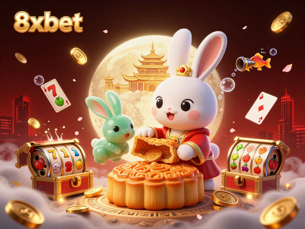 Experience thrilling gameplay at 8xbet with dynamic gambling scenes featuring a moon rabbit and slot machines.