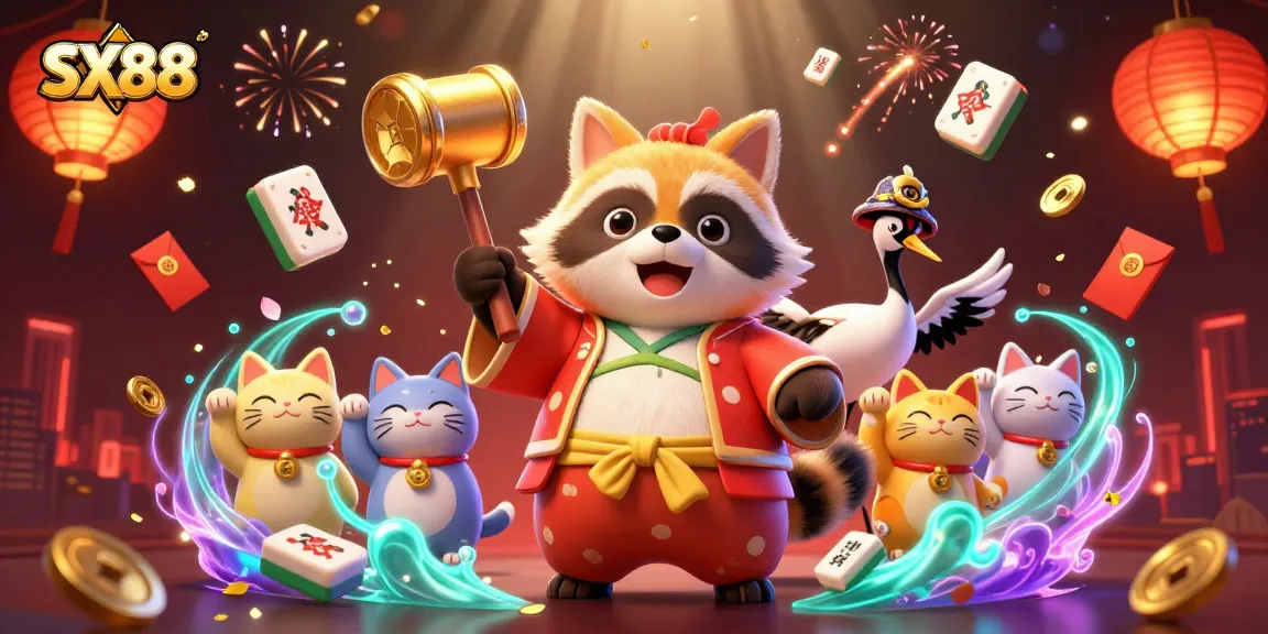 SX88 showcases a vibrant cartoon scene with a cheerful tanuki and lucky cats in a festive casino atmosphere.
