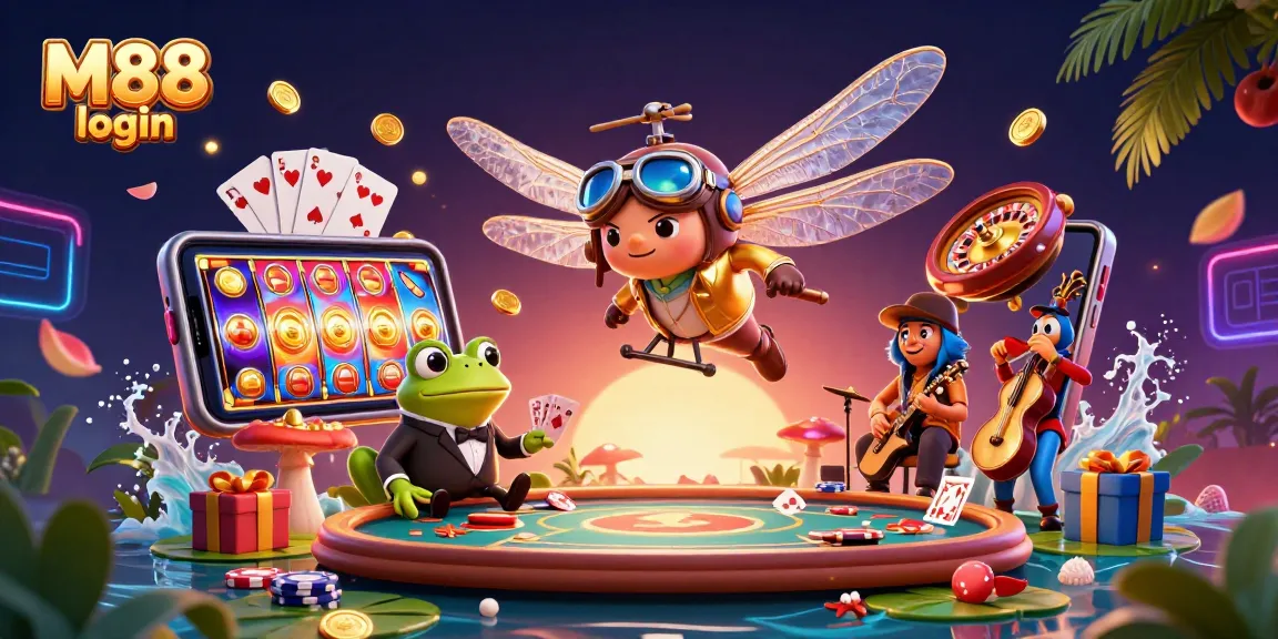 Experience thrilling M88 login action with a vibrant casino scene featuring whimsical characters and dynamic game elements.