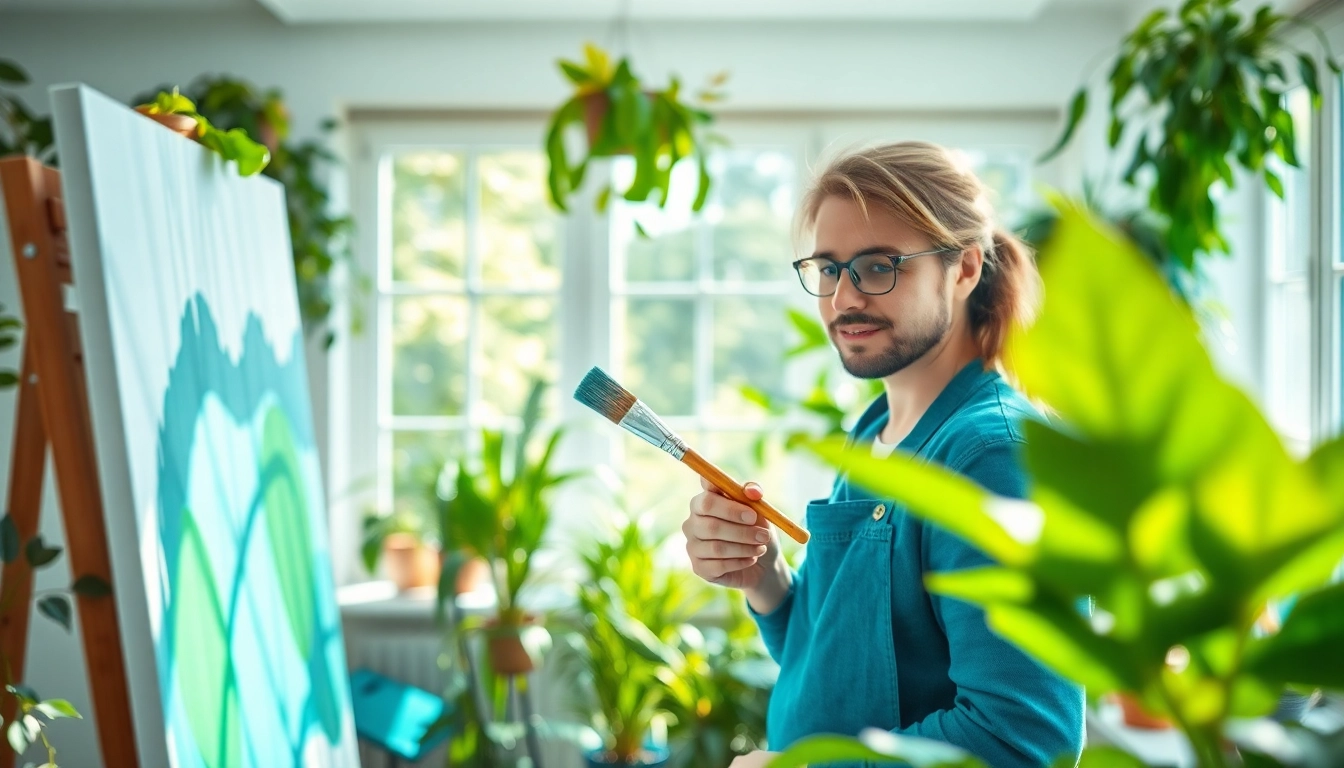 Eco friendly painters using natural materials in a sunlit, plant-filled environment.