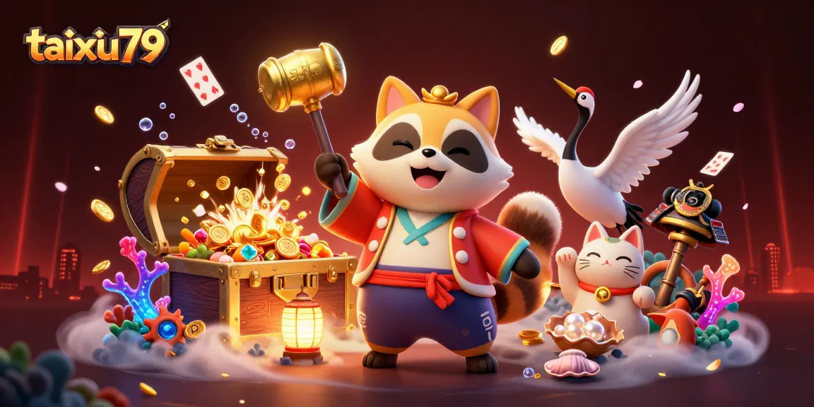 Experience the fun at taixiu79 with a cheerful tanuki and lucky symbols in a vibrant casino scene.
