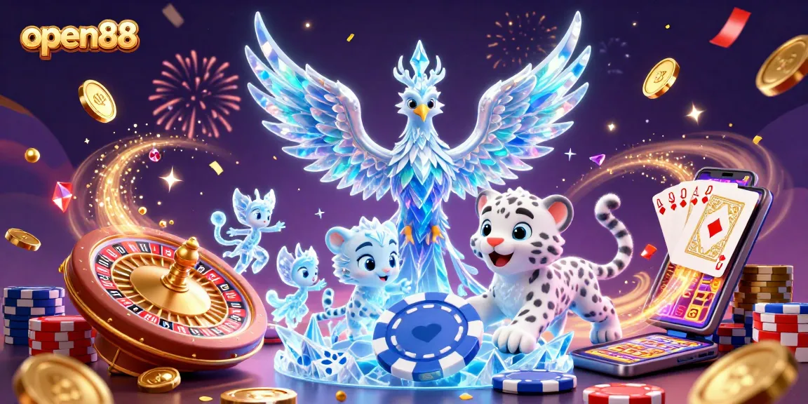 Experience winning moments at open88 with an ice phoenix, poker chip, and shimmering casino elements.