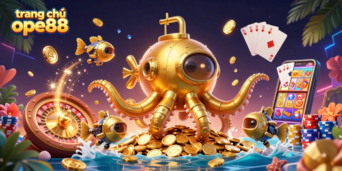 Elevate your gaming at trang chủ ope88 with a vibrant 3D casino illustration depicting golden kraken and rich game elements.