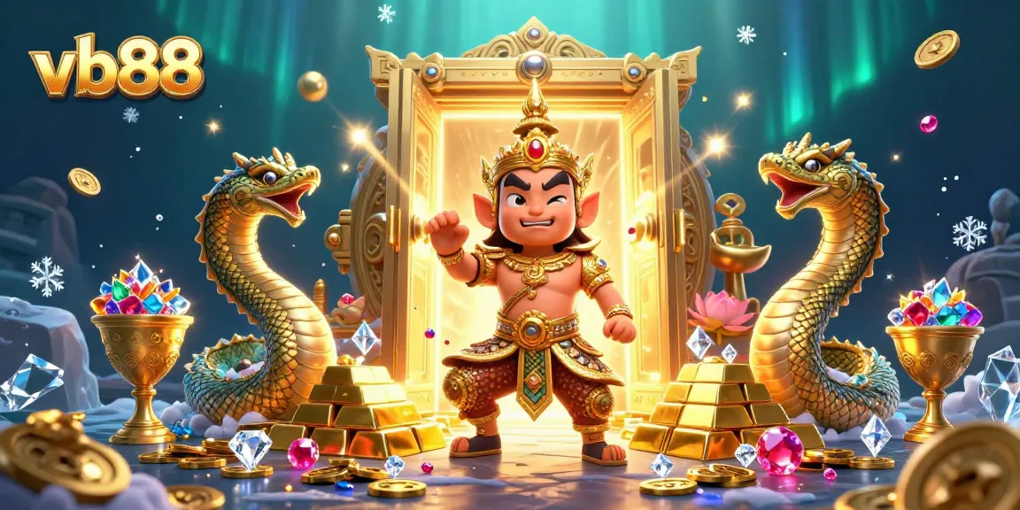 vb88 showcases a vibrant online casino scene with Thai guardians and treasure details