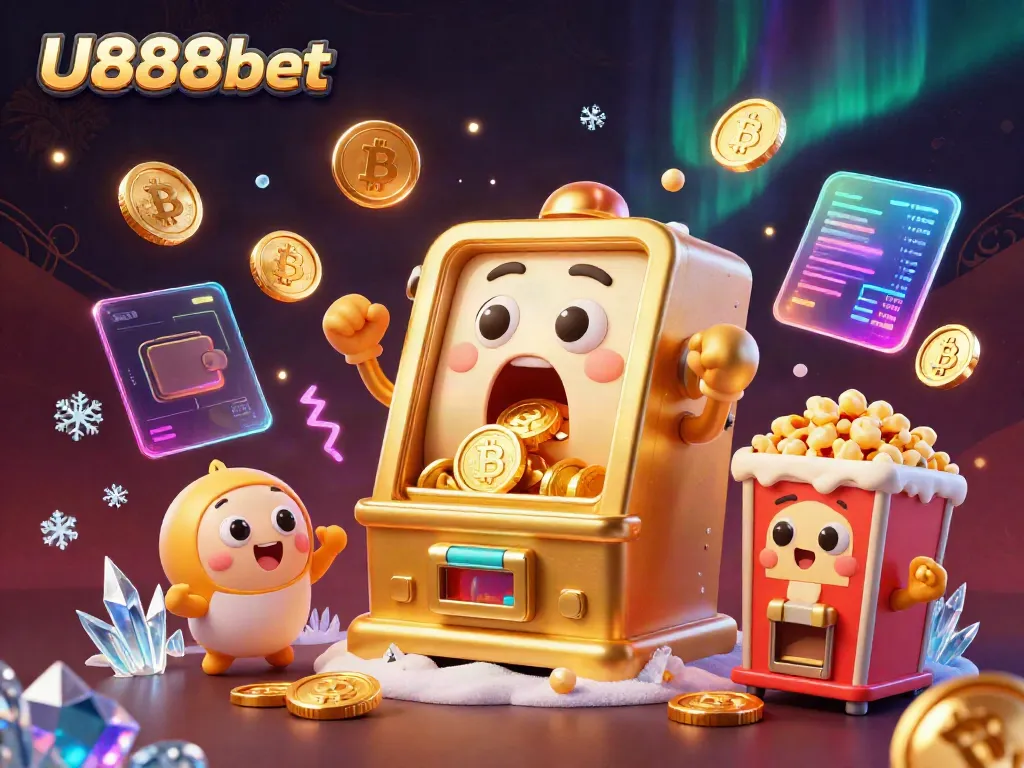 Witness U888bet's golden slot machine hitting jackpots amidst cheering baby slots and digital crypto elements.