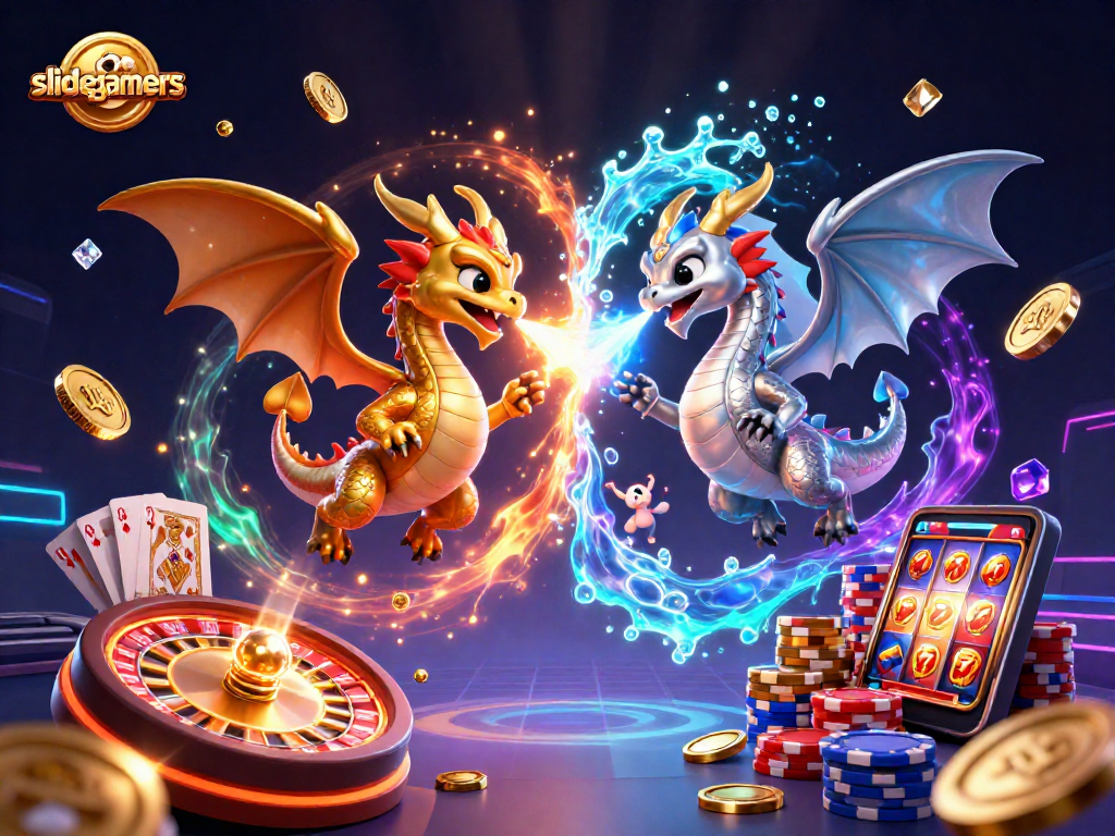 Experience thrilling gaming action with slidegamers featuring gold and silver dragons amidst casino chaos.