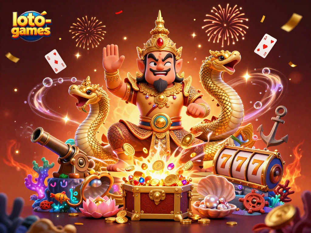 Engage with loto-games featuring colorful slot reels and dynamic 3D guardian characters amidst vibrant festive elements.