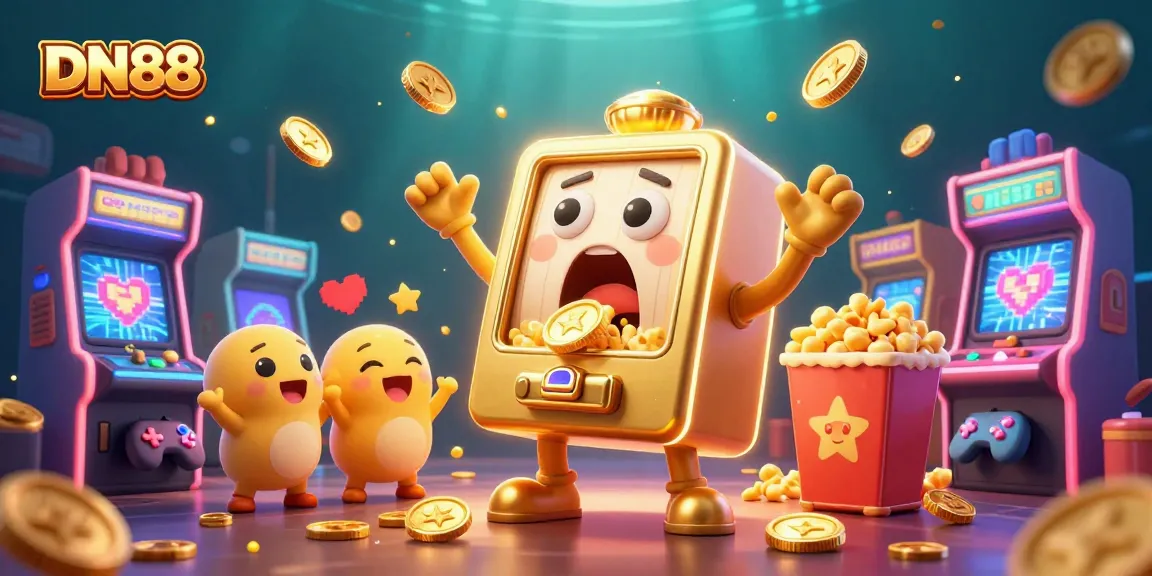 Win big with DN88 as cartoon slot machines cheer and coins spill in a colorful casino.