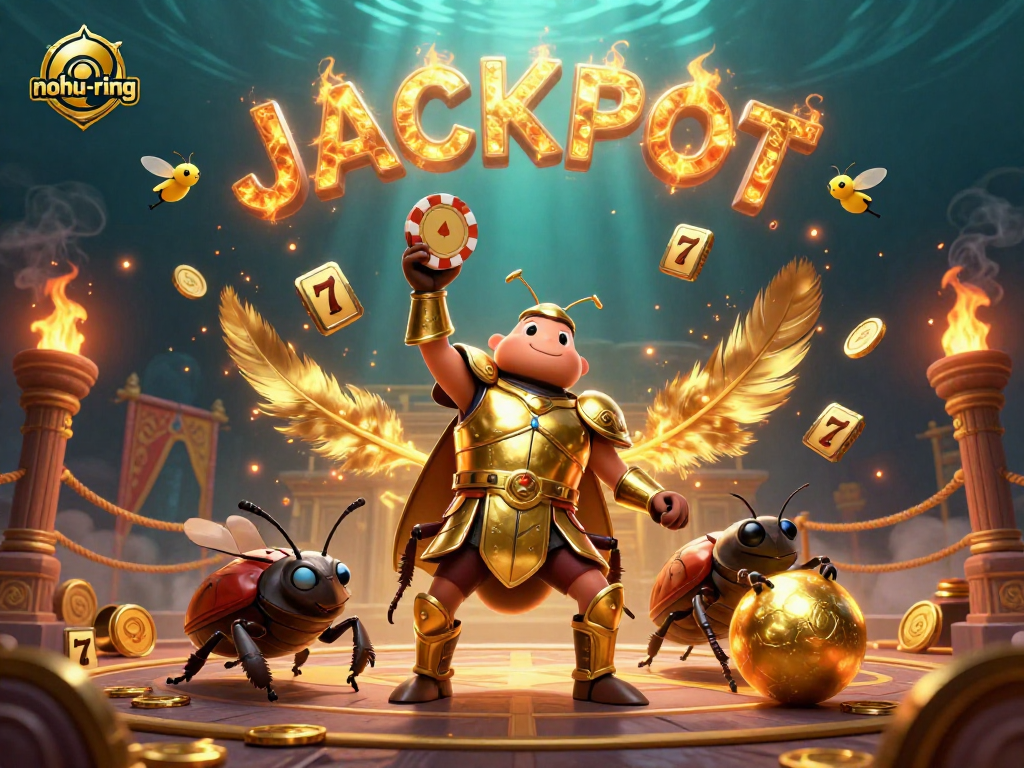 Nohu-ring game illustration featuring a victorious beetle character raising a poker chip in a dynamic casino scene.