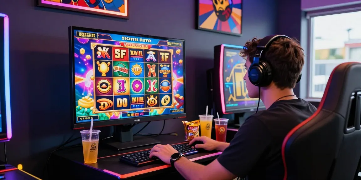 Permainan slot gacor online di ruang casino virtual dengan grafik cerah.