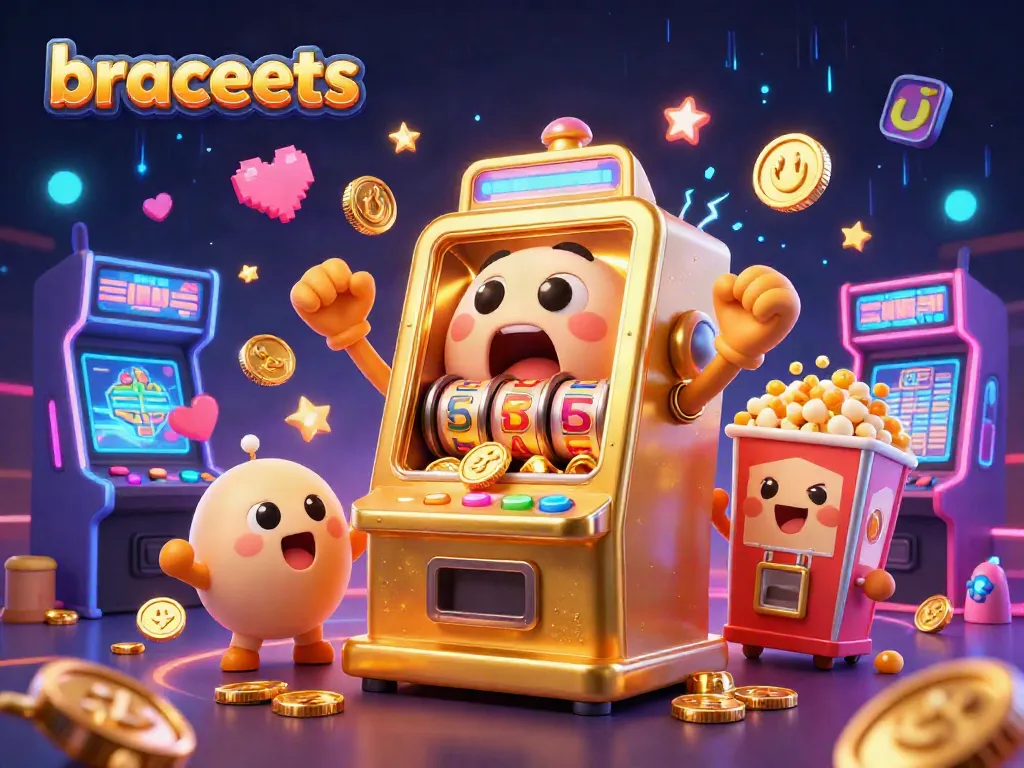Experience the excitement of winning bracelets as the golden slot machine hits the jackpot, revealing a flurry of coins.