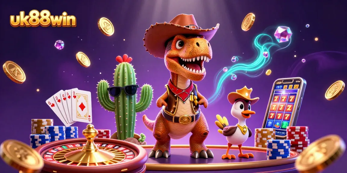 Experience uk88win with a fun-filled casino scene featuring a cowboy dinosaur, colorful chips, and rich rewards.