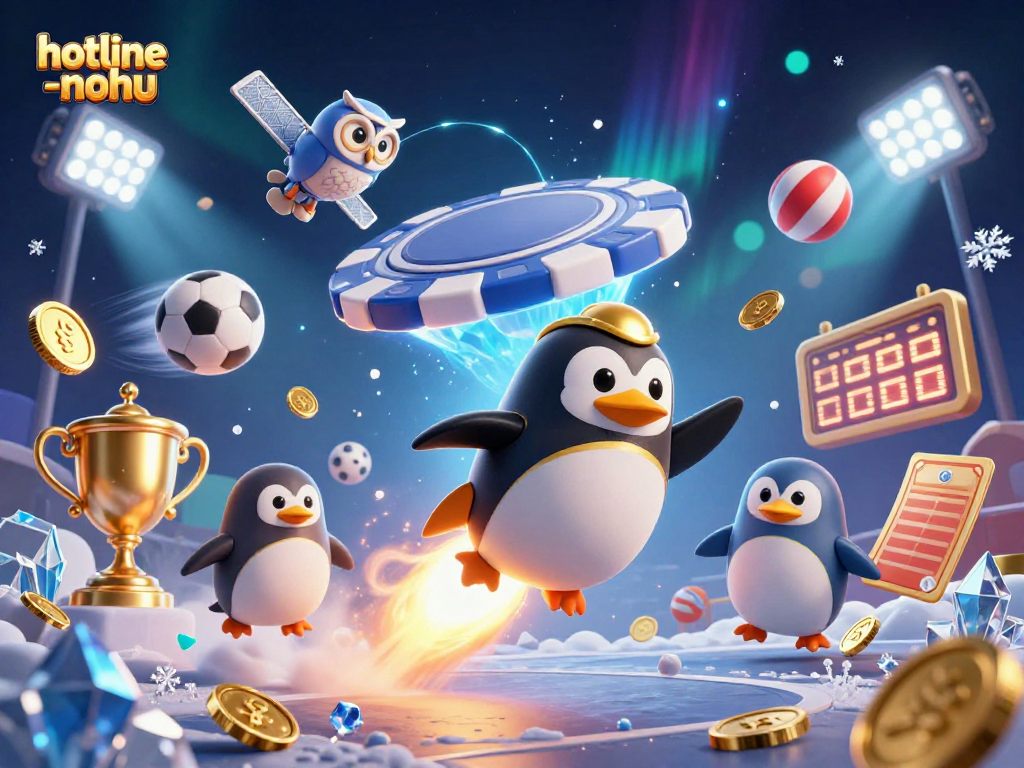 The golden penguin from hotline-nohu navigates a vibrant casino space, glimmering with coins and sports elements.