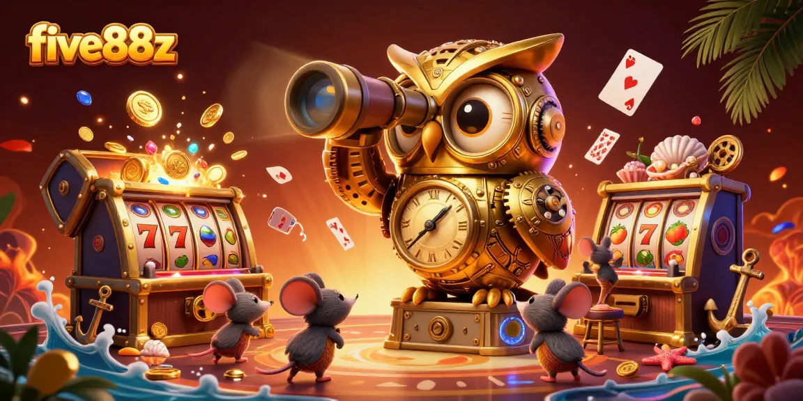 Experience five88z's vibrant casino scene with a clockwork owl and animated slot machines.