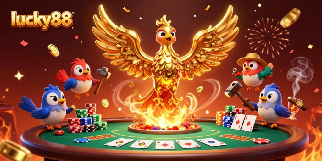 Lucky88 casino phoenix rising from a forge surrounded by poker elements and vibrant celebrations.