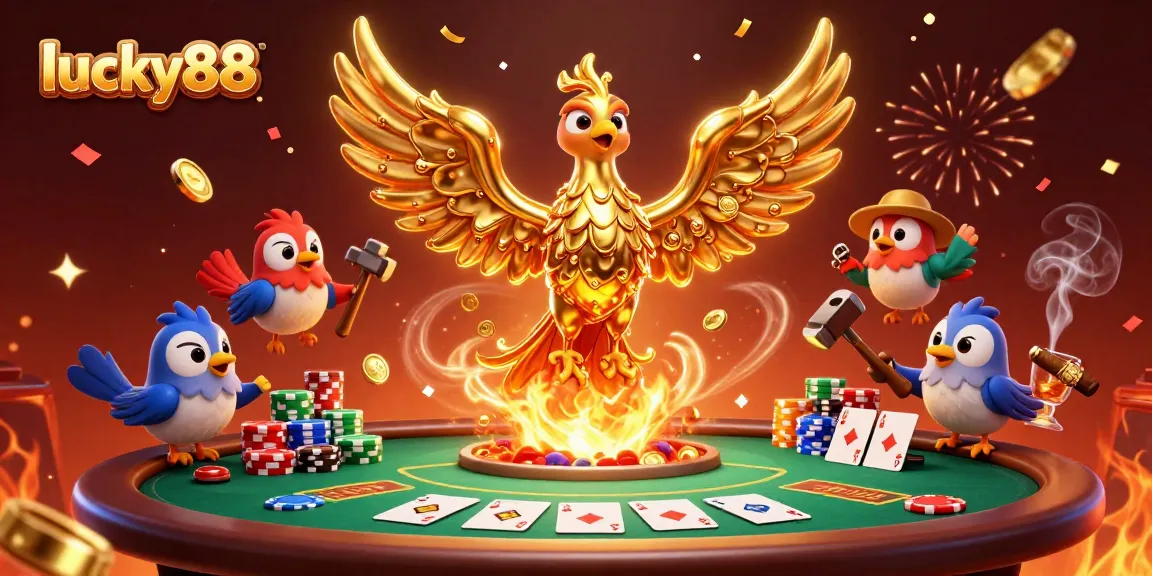 Lucky88 casino phoenix rising from a forge surrounded by poker elements and vibrant celebrations.