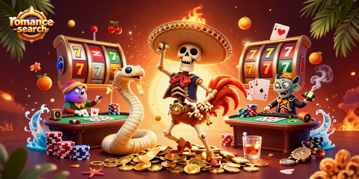 Engaging gaming scene with the romance-search logo, featuring characters and vibrant slot elements.