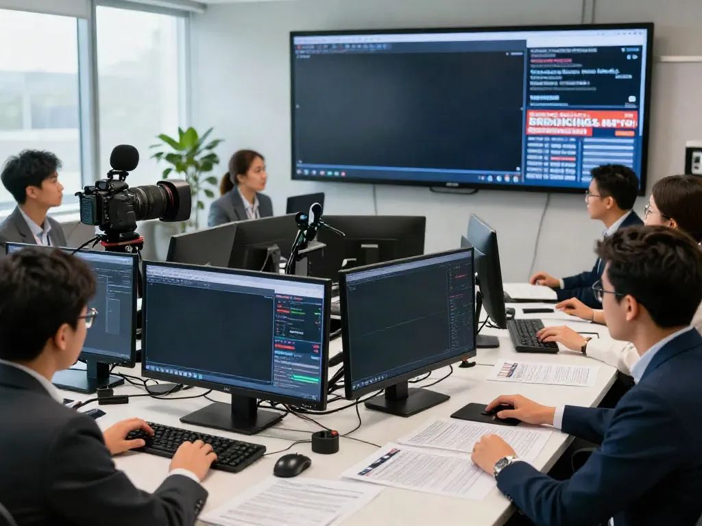 Journalists reporting breaking news in a vibrant newsroom setting
