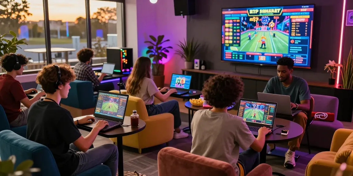 Engaging online gaming community scene showcasing players interacting with devices in a colorful lounge, representing https://www.benmillerband.com/ gaming excitement.